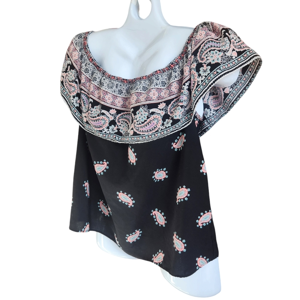 C Romantic Peasant Blouse Loose Flowy Paisly Print Ruffled Trim Bohemian/Folk L - Picture 4 of 14